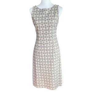 Vintage Sleeveless Midi Dress Beige Black Print Career Cocktail Party SZ M